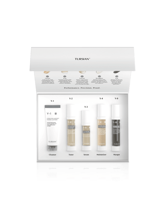 Tursian skincare product set with labeled bottles on a white background