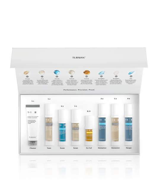 TURSIAN skincare product set with various bottles and boxes on a white background