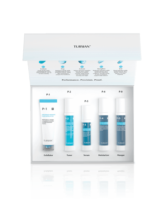 TURSIAN skincare product set with bottles and boxes on a black background