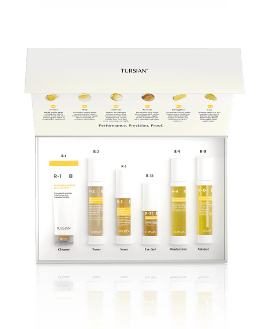 Tursian skincare product set with bottles and packaging on a white background