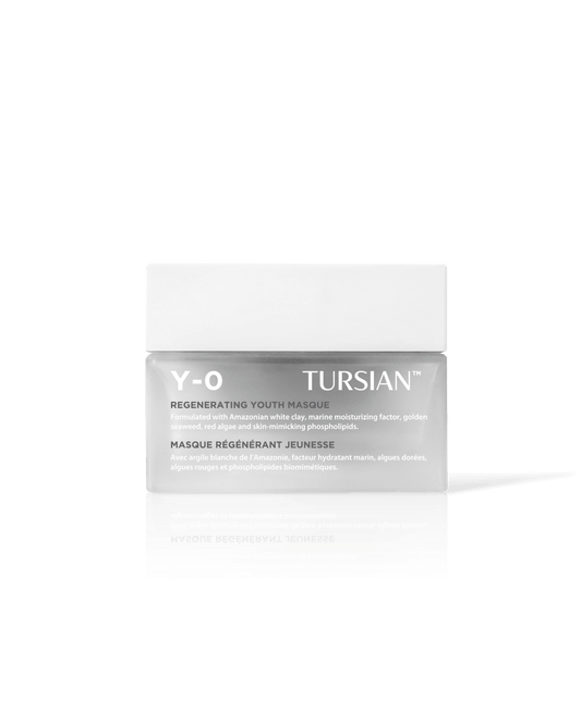 TURSIAN Y-O Regenerating Youth Masque packaging on a black background